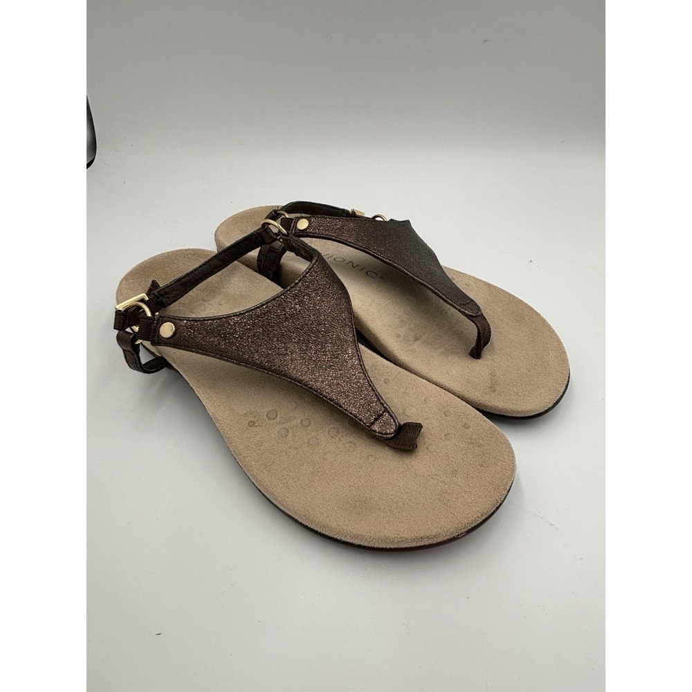 Vionic Kirra II Sandal Bronze Metallic Leather Thong Strap-Back Womens SZ 7 - Picture 2 of 5